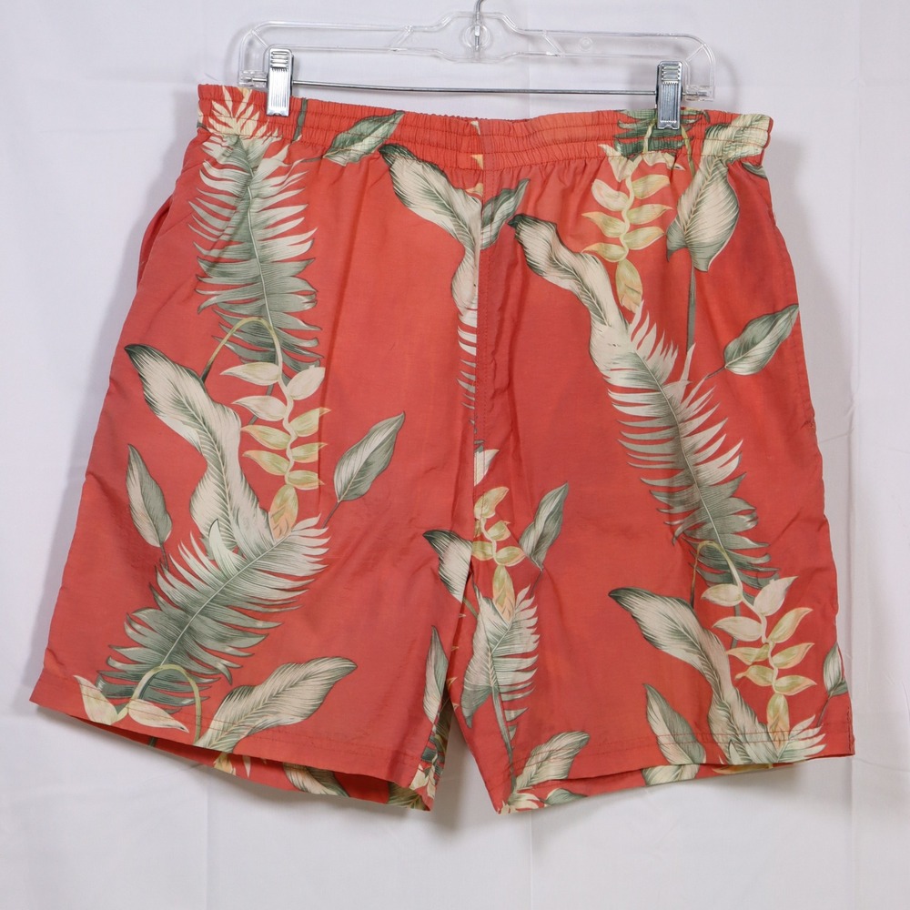 Caribbean Blues Swim Trunks Mens Large Coral Tropical Palm‎ Leaf L